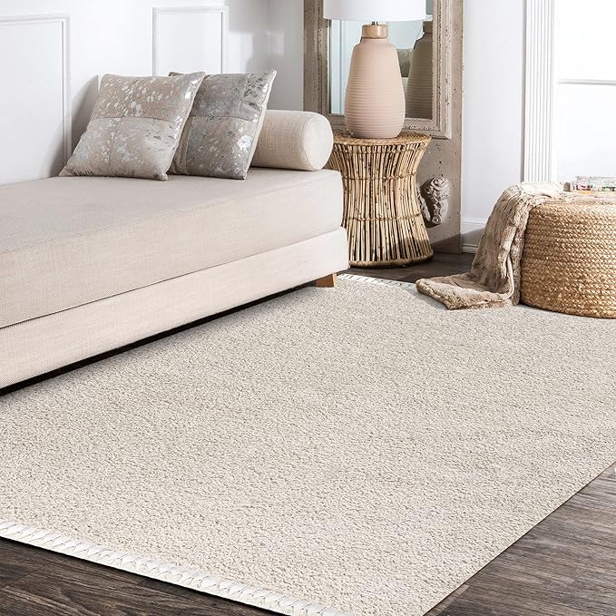 JONATHAN Y MCR100D-4 Mercer Shag Plush Tassel Indoor Area -Rug Bohemian Modern Contemporary Solid Easy -Cleaning Bedroom Kitchen Living Room, 4 X 6, Cream with Tassel