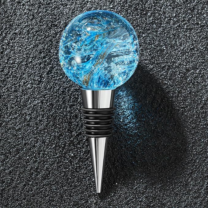 Murano Glass Wine Stoppers, Reusable Wine Bottle Stopper Champagne Stoppers, Perfect Kitchen Wine Decor Wine Accessories Gifts for Men and Women-(blue)