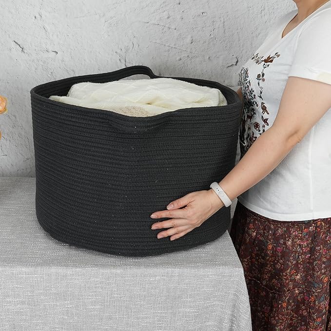 Large Cotton Rope Basket Blankets Basket Living Room 22"x14" Toy Basket for Kids and Dogs Rope Storage Basket for Nursery Woven Laundry Basket for Clothes Towels Baby Toy Storage round black