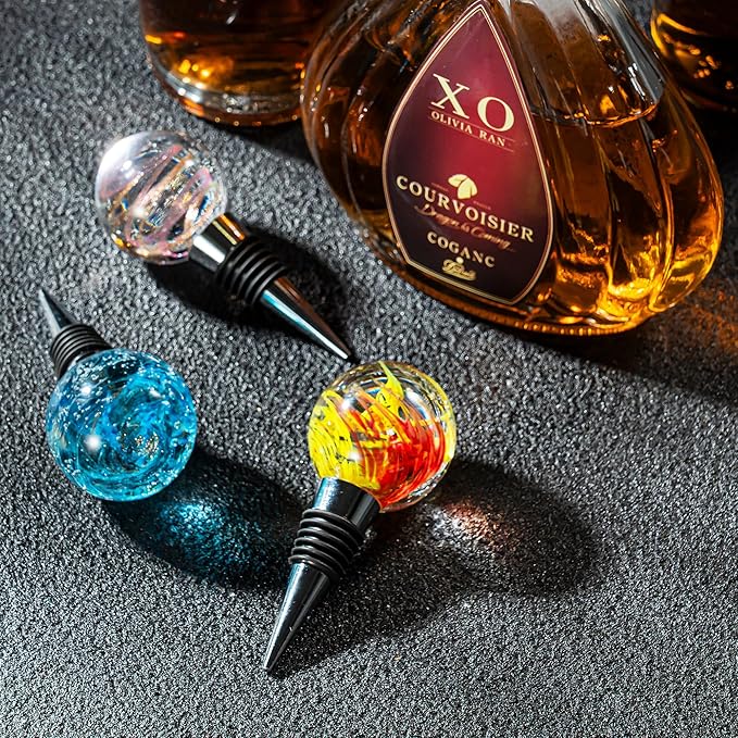 Pack of 3 Wine Bottle Stopper, Galaxy Pattern Art Murano Glass Wine Stopper, Multicolor Leak-Proof and Reusable Wine Saver, Preserves Beverage Freshness