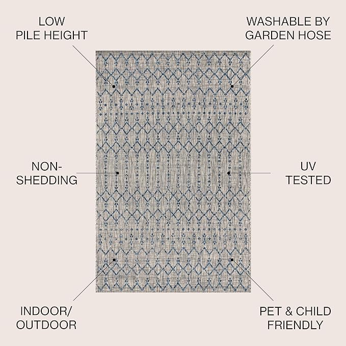 JONATHAN Y SMB108A-9R Ourika Moroccan Geometric Textured Weave Indoor/Outdoor Area Rug, Bohemian, Scandinavian for Bedroom, Kitchen, Living Room, Easy-Cleaning, Light Gray/Navy, 9' Round