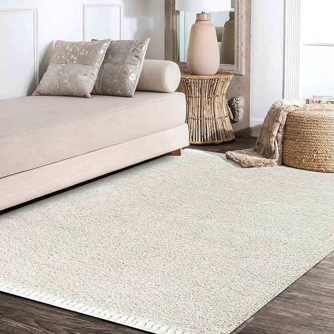 JONATHAN Y MCR100A-5 Mercer Shag Plush Tassel Indoor Area-Rug Bohemian Modern Contemporary Solid Easy-Cleaning Bedroom Kitchen Living Room, 5 X 8, White with Tassel
