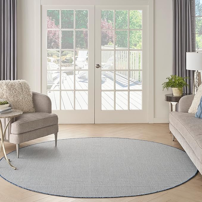 Nourison Courtyard 8' x Round Ivory Blue Fabric Modern Area Rug (8' Round)