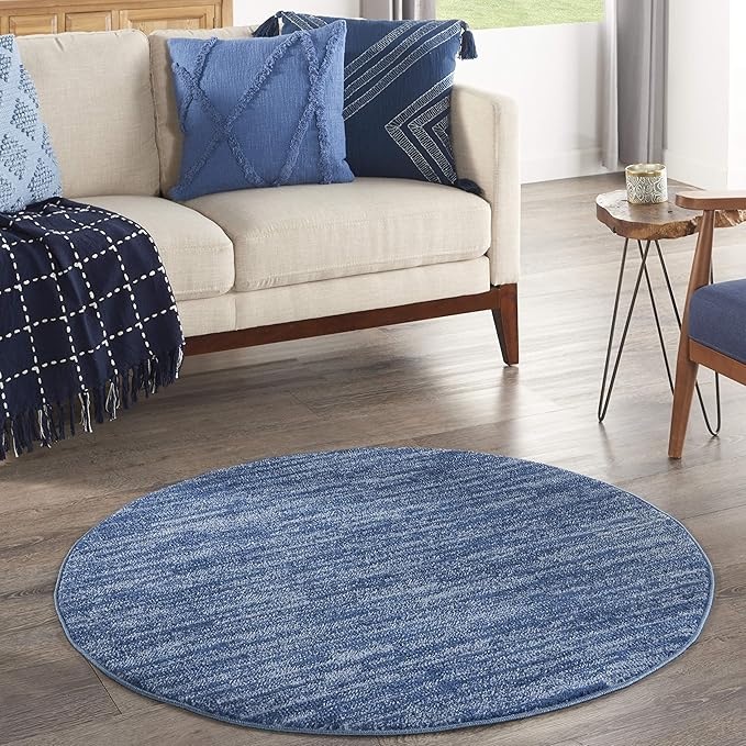 Nourison Essentials Indoor/Outdoor Navy Blue 4' x Round Area Rug, Easy Cleaning, Non Shedding, Bed Room, Living Room, Dining Room, Backyard, Deck, Patio (4 Round)