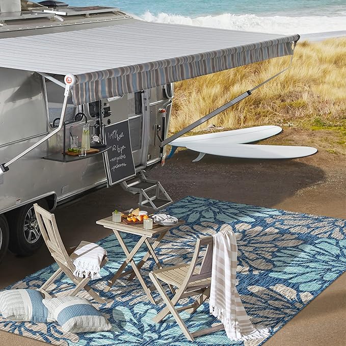 JONATHAN Y SMB110C-8 Zinnia Modern Floral Textured Weave Indoor Outdoor Area-Rug Bohemian Coastal Easy-Cleaning Bedroom Kitchen Backyard Patio Non Shedding, 8 X 10, Navy/Aqua