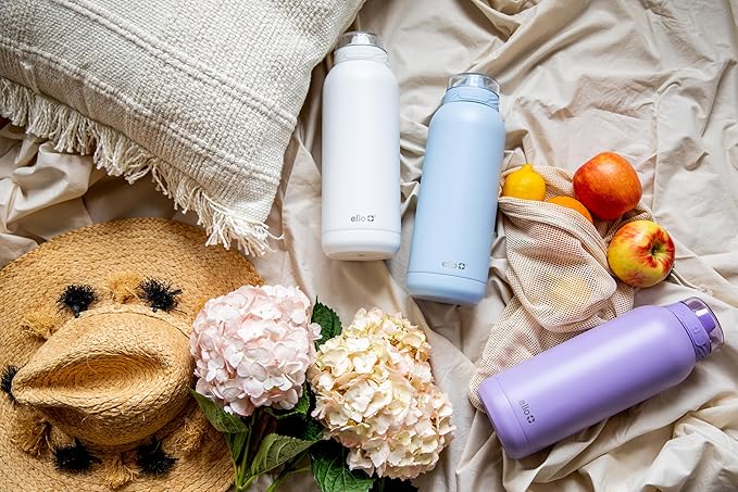 Ello Cooper 40oz Stainless Steel Water Bottle with Straw and Carry Handle, Double Walled and Vacuum Insulated Metal, Leak Proof Locking Lid with Soft Silicone Spout, Reusable, BPA Free, Lilac
