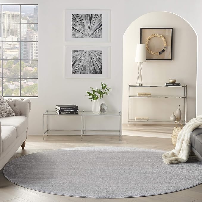 Nourison Essentials Indoor/Outdoor Silver Grey 8' x Round Area Rug, Easy Cleaning, Non Shedding, Bed Room, Living Room, Dining Room, Backyard, Deck, Patio (8 Round)
