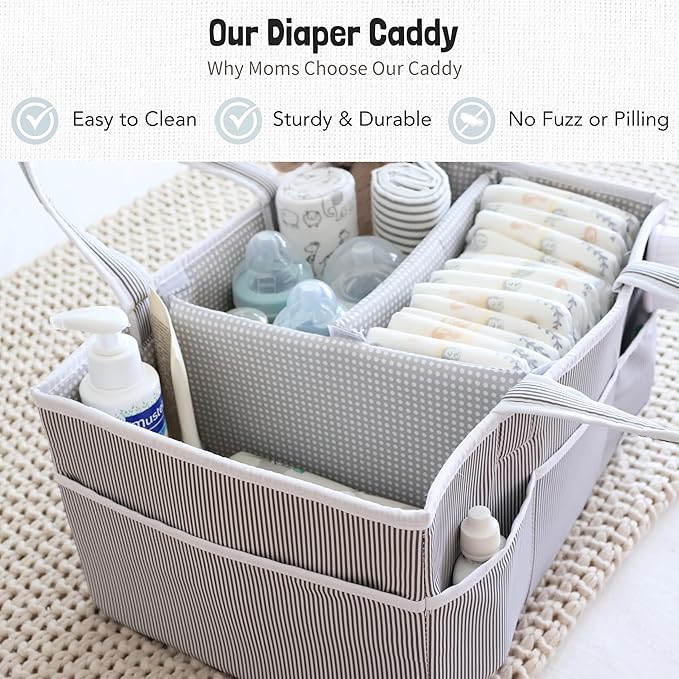 Lily Miles Baby Diaper Caddy Organizer - Baby Shower Basket for Newborn Boys or Girls - Nursery Must Haves for New Mom - Baby Registry Favorites - Large Storage Tote for Changing Table or Car, Gray