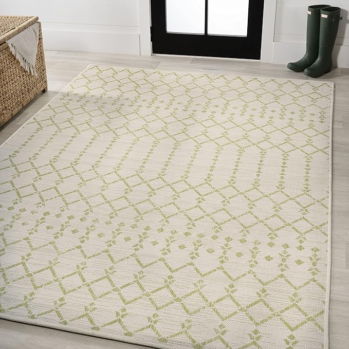JONATHAN Y SMB108M-9 Ourika Moroccan Geometric Textured Weave Indoor Outdoor Area-Rug, Bohemian Coastal Traditional Easy-Cleaning,Bedroom,Kitchen,Backyard,Patio,Non Shedding, 9 X 12, Cream/Green