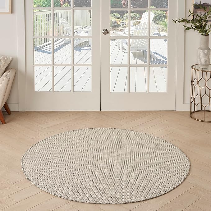 Nourison Courtyard Indoor/Outdoor Ivory/Silver 5 x Round Area Rug, Easy Cleaning, Non Shedding, Bed Room, Living Room, Dining Room, Backyard, Deck, Patio (5 Round)