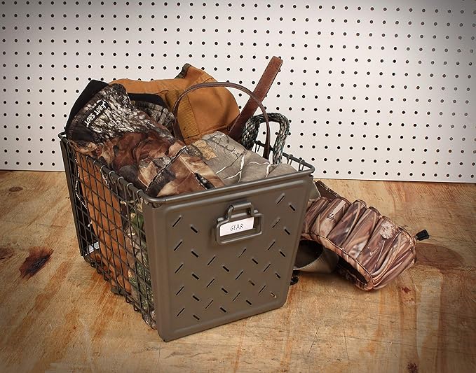 Tovolo Macklin, Stamped Steel & Wire Basket for Closet & Cubby Storage Vintage-Inspired Design with Customizable Label Plate, Medium, Bronze