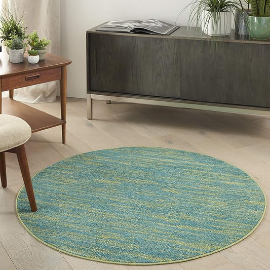 Nourison Essentials 4' x Round Blue Green Fabric Outdoor Area Rug (4' Round)