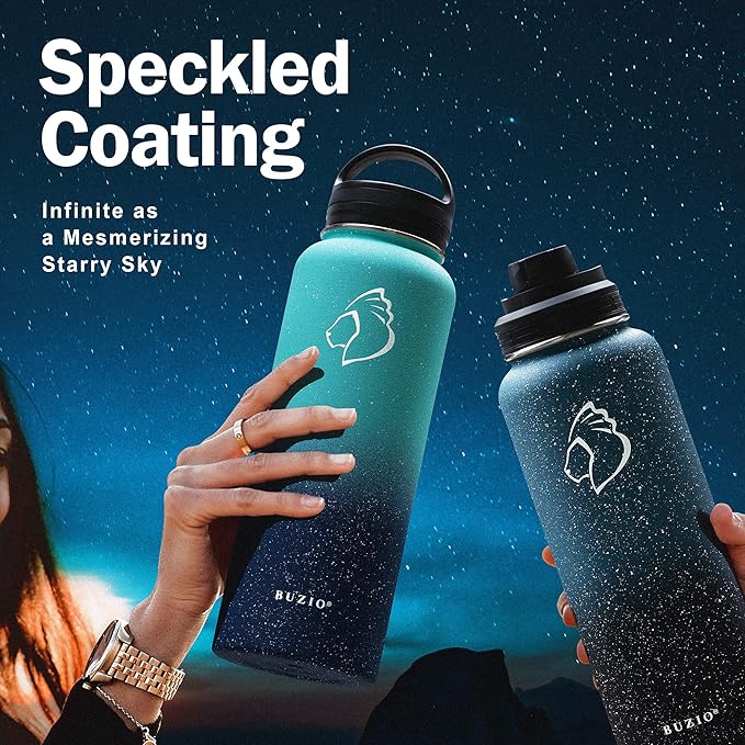 BUZIO Water Bottle with Straw lid, Spout Lid, Hand Lid and Carrying Pouch, 32oz 40oz 64oz Stainless Steel Water Flask Jug, Cold for 48 Hrs Hot for 24 Hrs Double Vacuum Thermo Canteen Mug, BPA-Free