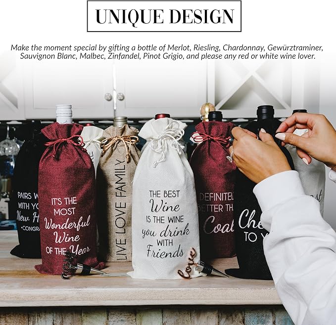 Pavilion Gift Company Drink with Friends-13 Wine Gift Bag Set, 13", Cream/Beige, Black, Silver