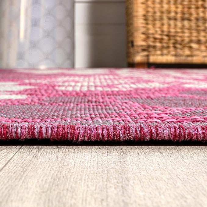 JONATHAN Y SMB110F-5R Zinnia Modern Floral Textured Weave Indoor Outdoor Area Rug, Country Coastal Contemporary Easy Cleaning,Bedroom,Kitchen,Backyard,Patio, Fuchsia/Light Gray, 5' Round