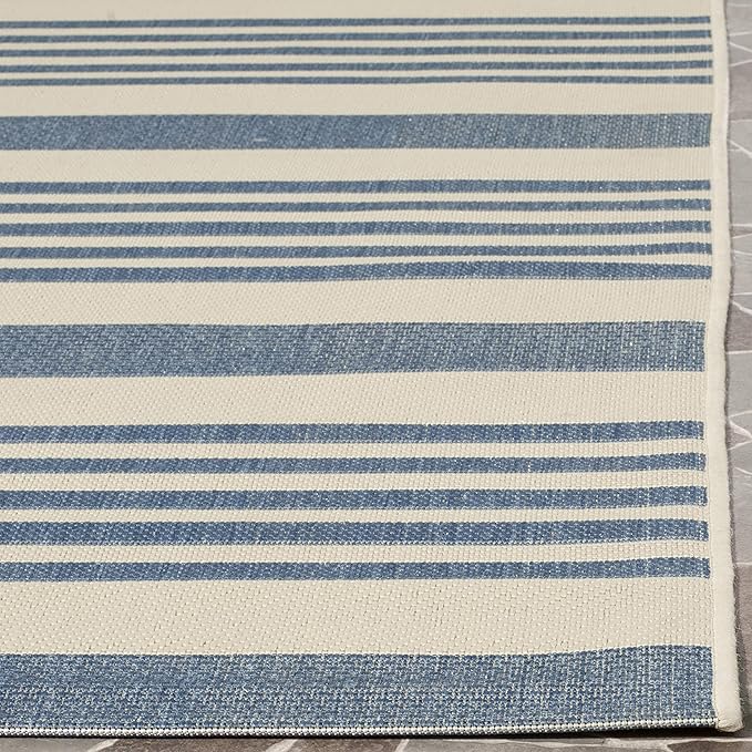 SAFAVIEH Courtyard Collection 4' Square Beige/Blue CY6062 Stripe Indoor/ Outdoor Patio Backyard Mudroom Accent Rug