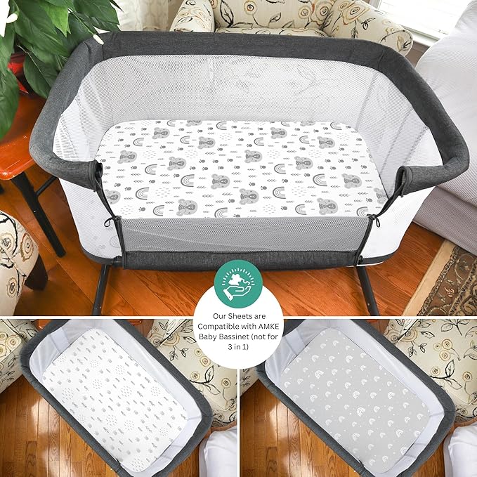 TansyPanda Bassinet Sheets for Bellababy, Besrey, AMKE, and Milliard Bedside Bassinet Sleeper, 3PC, 20 x 33 Inch, Ultra Soft, Breathable, Snug Fit, Unisex Boys, Girls, Gray White (Woodland Rainbow)
