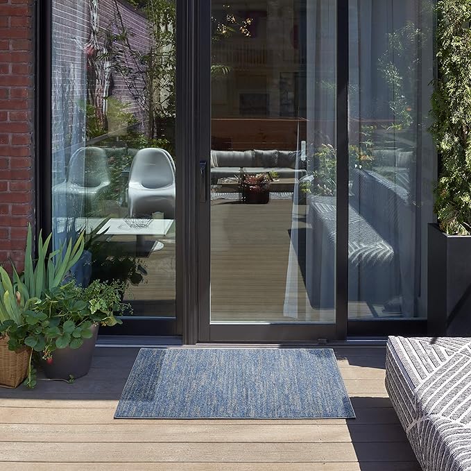 Nourison Essentials Indoor/Outdoor Blue/Grey 2' x 4' Area Rug, Easy Cleaning, Non Shedding, Bed Room, Living Room, Dining Room, Backyard, Deck, Patio (2x4)