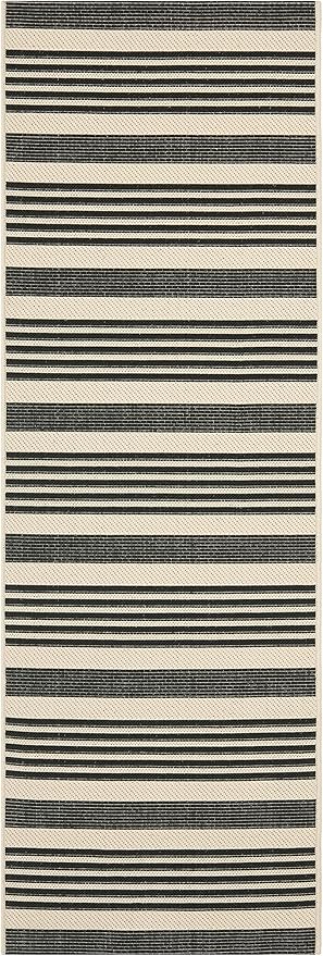 SAFAVIEH Courtyard Collection 2'3' x 18' Black/Bone CY6062 Stripe Indoor/ Outdoor Patio Backyard Mudroom Runner Rug