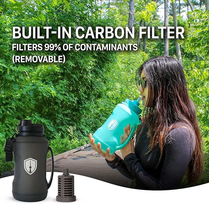 Collapsible Water Bottle for Traveling, Workout or Hiking 64oz Gen 2.0 - Motivational Water Bottle with Time Markings - Half Gallon / 2 L Capacity - BPA Free & Dishwasher Safe (Modern Black + Filter)