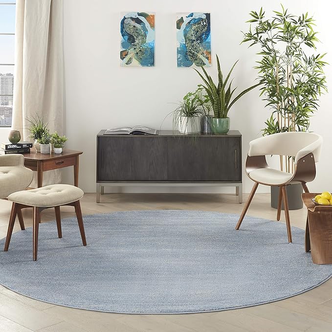 Nourison Essentials Indoor/Outdoor Blue/Grey 8' x Round Area Rug, Easy Cleaning, Non Shedding, Bed Room, Living Room, Dining Room, Backyard, Deck, Patio (8 Round)
