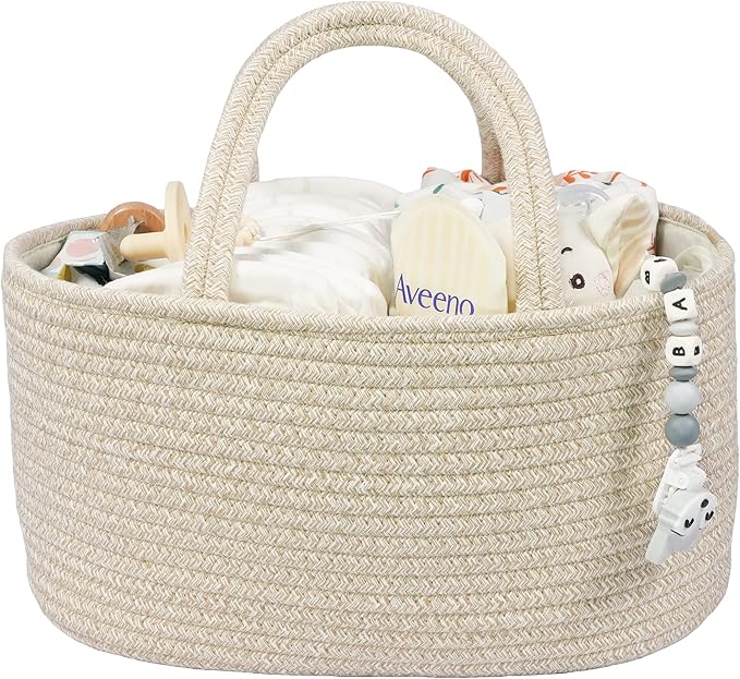 Baby Diaper Caddy Organizer for Girl Boy Cotton Rope Nursery Storage Bin Basket Portable Holder Tote Bag for Changing Table Car Travel Baby Shower Gifts Newborn Registry Must Have Items oatmeal