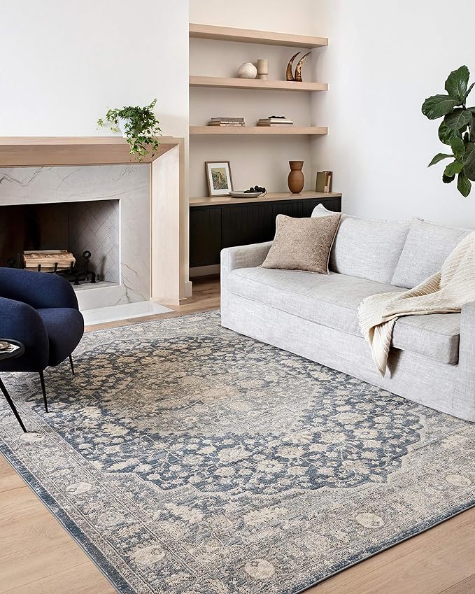 Loloi II Teagan Collection TEA-01 Denim/Mist 2'-8" x 7'-6", .25" Thick, Runner Rug, Soft, Durable, Neutral, Woven, Low Pile, Non-Shedding, Easy Clean, Living Room Rug