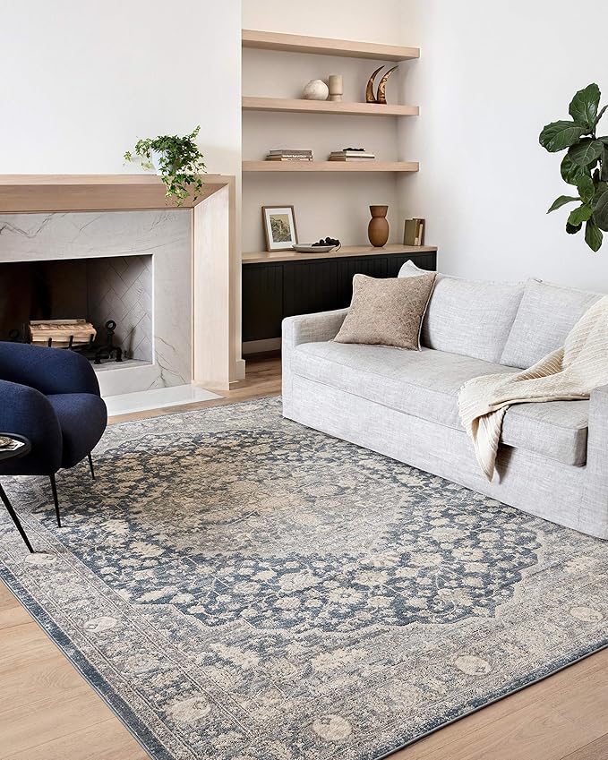 Loloi Teagan Collection 7'-11" x 10'-6" Area Rug in Denim/Mist - Large, Soft Neutral Rug, High-Traffic for Living Room, Bedroom, Home Office, Dining Area