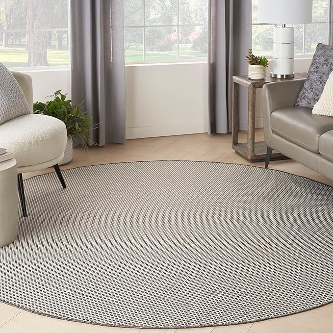 Nourison Courtyard 8' x Round Ivory Charcoal Fabric Modern Area Rug (8' Round)