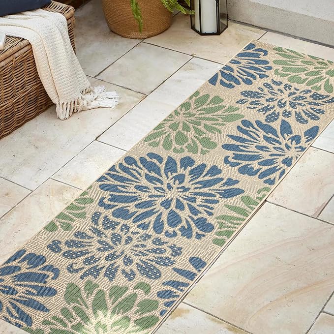 JONATHAN Y SMB110B-28 Zinnia Modern Floral Textured Weave Indoor Outdoor Runner Rug Bohemian Coastal Easy-Cleaning Bedroom Kitchen Backyard Patio Non Shedding, 2 X 8, Navy/Green