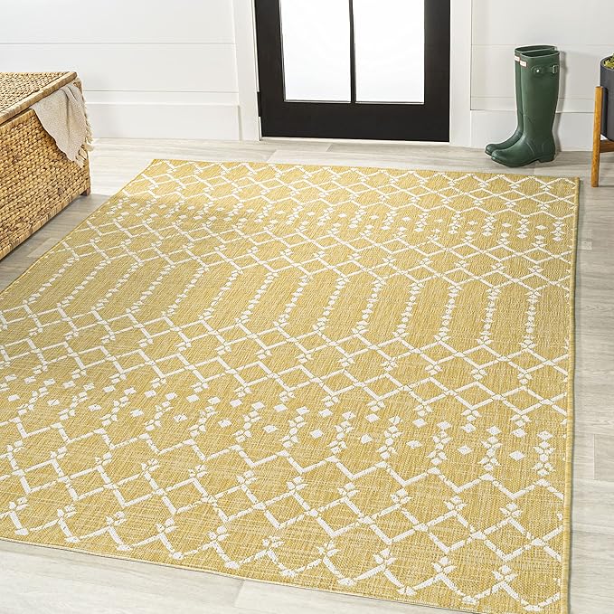 JONATHAN Y SMB108G-4 Ourika Moroccan Geometric Textured Weave Indoor Outdoor Area-Rug, Bohemian Coastal Traditional Easy-Cleaning,Bedroom,Kitchen,Backyard,Patio,Non Shedding, 4 X 6, Yellow/Cream
