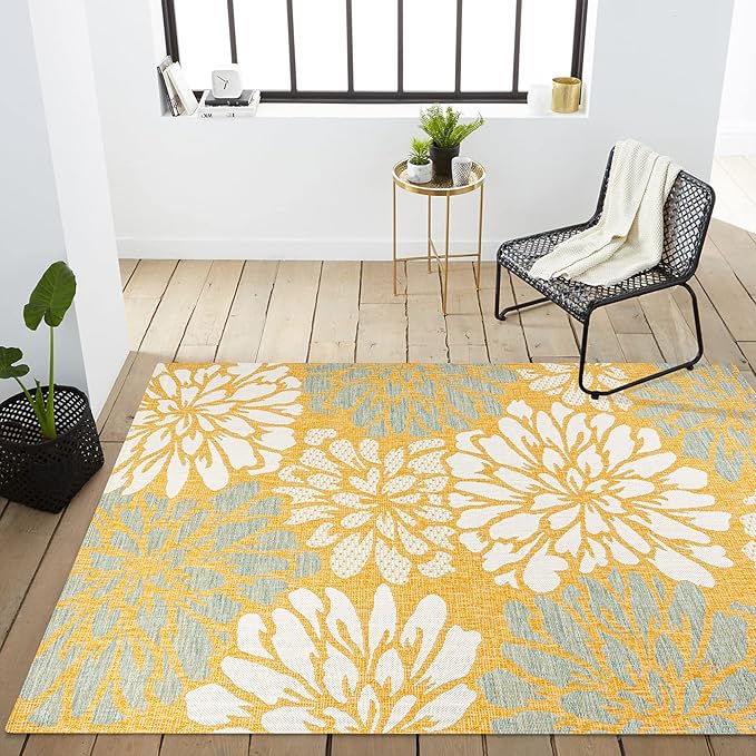 JONATHAN Y SMB110G-3 Zinnia Modern Floral Textured Weave Indoor Outdoor Area-Rug, Bohemian Coastal Mediterranean Easy-Cleaning,Bedroom,Kitchen,Backyard,Patio,Non Shedding, 3 X 5, Yellow/Cream