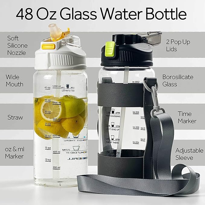 48oz Borosilicate Glass Water Bottle with Straw and Time Marker, Large Sport Water Jug with Adjustable Strap for Men Women (Green)