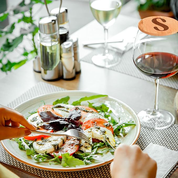 Personalized Wine Glass Charcuterie Topper - Custom Laser Engraved Initial Bamboo Wine Glass Topper Stopper Coasters Plate ID Identification Wine Glass Charcuterie Board Topper (Letter S)