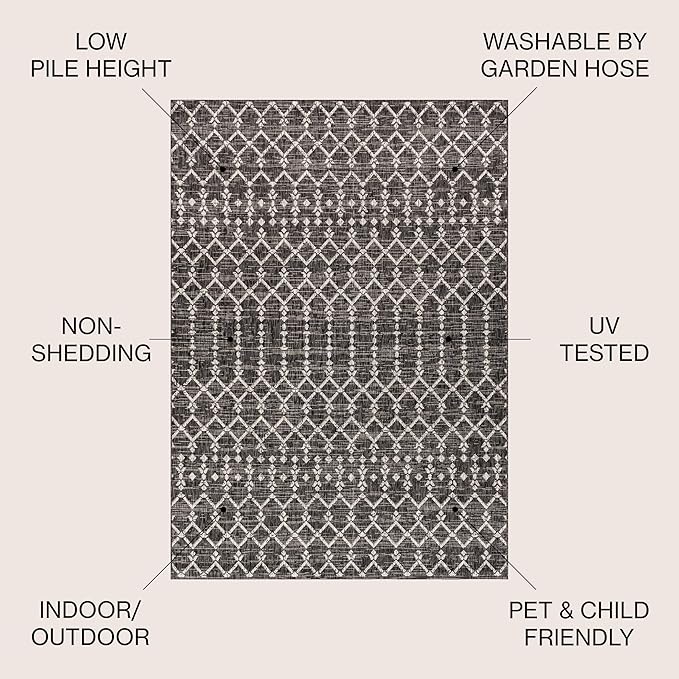 JONATHAN Y SMB108F-8 Ourika Moroccan Geometric Textured Weave Indoor Outdoor -Area Rug, Bohemian, Rustic, Scandinavian Easy-Cleaning,Bedroom,Kitchen,Backyard,Patio,Non Shedding, Black/Gray, 8 X 10
