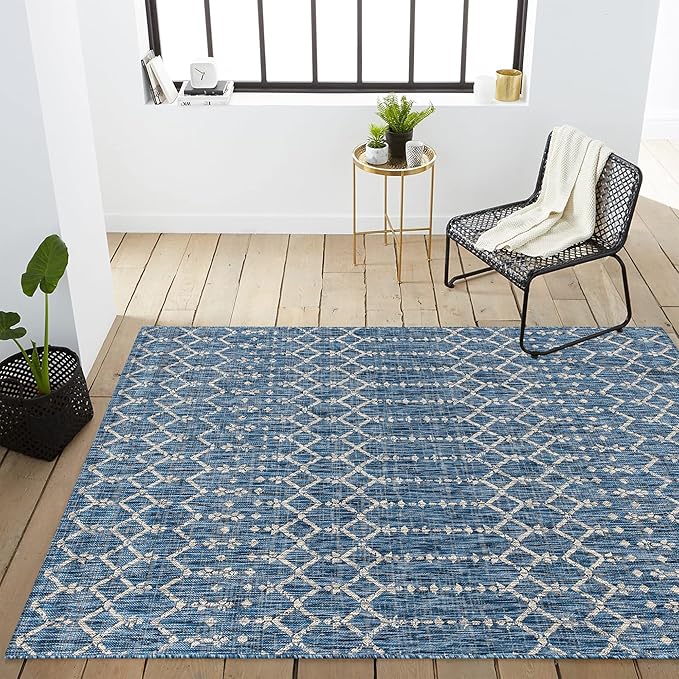 JONATHAN Y SMB108B-3 Ourika Moroccan Geometric Textured Weave Indoor Outdoor -Area Rug, Bohemian, Rustic, Scandinavian Easy-Cleaning,Bedroom,Kitchen,Backyard,Patio,Non Shedding, Navy/Light Gray, 3 X 5