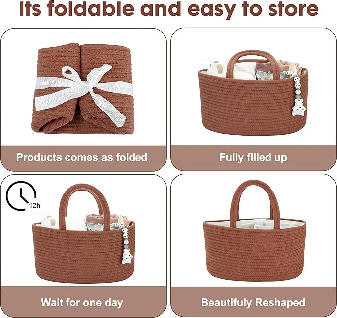 Baby Diaper Caddy Organizer for Girl Boy Cotton Rope Nursery Storage Bin Basket Portable Holder Tote Bag for Changing Table Car Travel Baby Shower Gifts Newborn Essentials Registry Must Have Rust