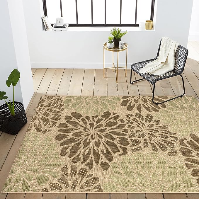 JONATHAN Y SMB110A-5 Zinnia Modern Floral Textured Weave Indoor Outdoor Area Rug Bohemian Coastal Easy Cleaning Bedroom Kitchen Backyard Patio Non Shedding, 5 X 8, Sage/Brown