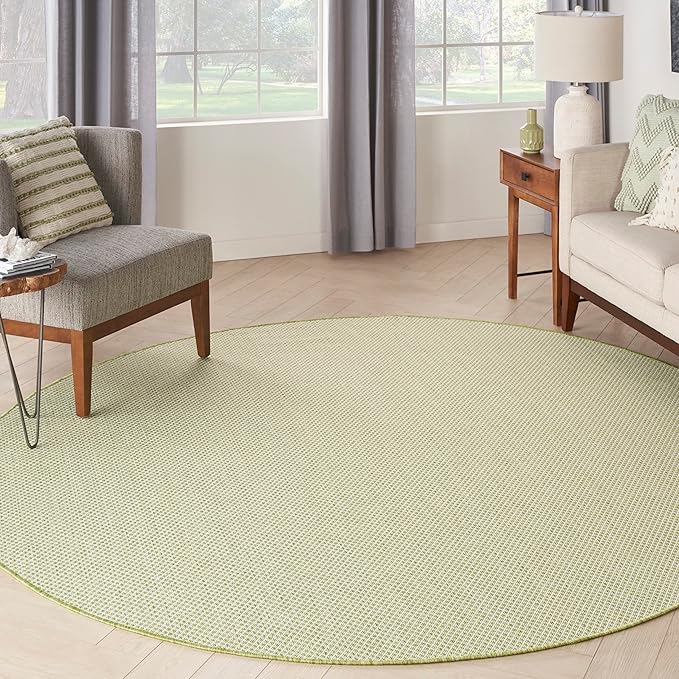 Nourison Courtyard Indoor/Outdoor Ivory Green 8' x Round Area Rug, Easy Cleaning, Non Shedding, Bed Room, Living Room, Dining Room, Backyard, Deck, Patio (8 Round)