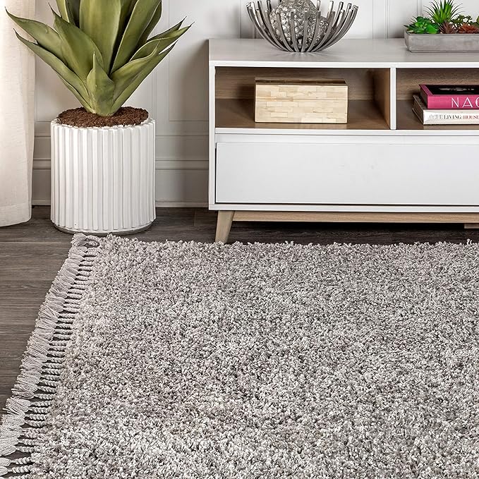 JONATHAN Y MCR100E-8 Mercer Shag Plush Tassel Indoor Area-Rug Bohemian Modern Contemporary Solid Easy-Cleaning Bedroom Kitchen Living Room, 8 X 10, Grey with Tassel