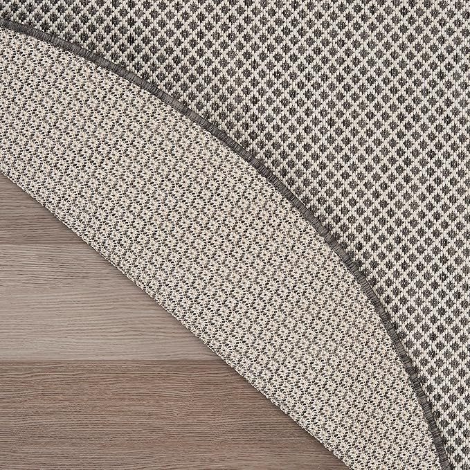 Nourison Courtyard Indoor/Outdoor Ivory/Charcoal 5 x Round Area Rug, Easy Cleaning, Non Shedding, Bed Room, Living Room, Dining Room, Backyard, Deck, Patio (5 Round)