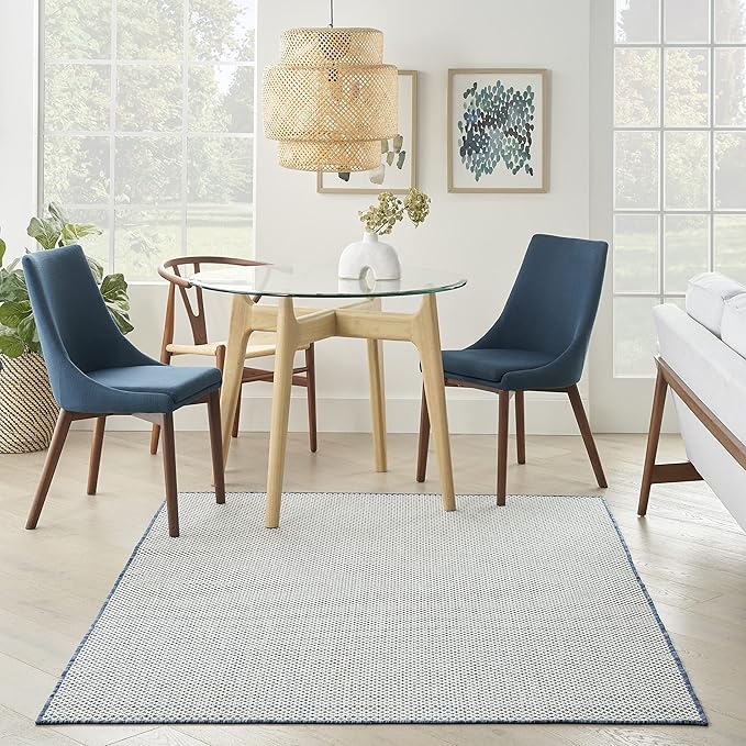 Nourison Courtyard Indoor/Outdoor Ivory Blue 6' x 9' Area Rug, Geometric, Easy Cleaning, Non Shedding, Bed Room, Living Room, Dining Room, Deck, Patio, Backyard (6x9)