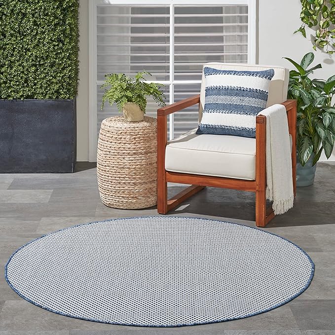 Nourison Courtyard Indoor/Outdoor Ivory Blue 4' x Round Area Rug, Easy Cleaning, Non Shedding, Bed Room, Living Room, Dining Room, Backyard, Deck, Patio (4 Round)