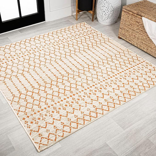 JONATHAN Y SMB108O-5SQ Ourika Moroccan Geometric Textured Weave Indoor Outdoor Area Rug, Bohemian, Rustic, Scandinavian Easy Clean,Bedroom,Kitchen,Backyard,Patio, Non-Shed, Cream/Orange, 5' Square
