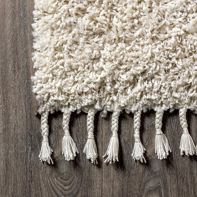JONATHAN Y MCR100D-28 Mercer Shag Plush Tassel Indoor Runner Rug Bohemian Modern Contemporary Solid Easy-Cleaning Bedroom Kitchen Living Room, 2 X 8, Cream with Tassel