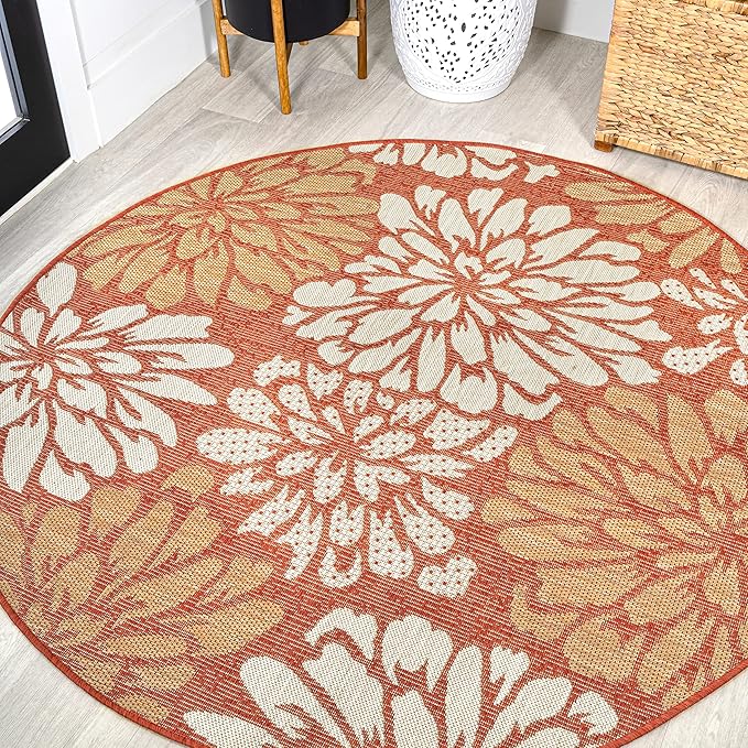 JONATHAN Y SMB110E-5R Zinnia Modern Floral Textured Weave Indoor Outdoor Area Rug, Country Coastal Contemporary Easy Cleaning,Bedroom,Kitchen,Backyard,Patio,Non Shedding, Orange/Cream, 5' Round