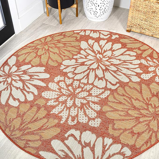 JONATHAN Y SMB110E-5R Zinnia Modern Floral Textured Weave Indoor Outdoor Area Rug, Country Coastal Contemporary Easy Cleaning,Bedroom,Kitchen,Backyard,Patio,Non Shedding, Orange/Cream, 5' Round