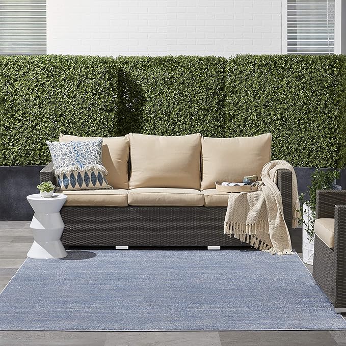 Nourison Essentials Indoor/Outdoor Blue/Grey 7' x Square Area Rug, Easy Cleaning, Non Shedding, Bed Room, Living Room, Dining Room, Backyard, Deck, Patio (7 Square)