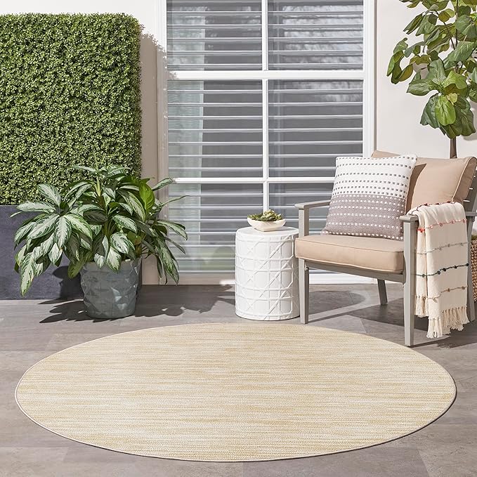 Nourison Essentials Indoor/Outdoor Ivory Gold 4' x Round Area Rug, Easy Cleaning, Non Shedding, Bed Room, Living Room, Dining Room, Backyard, Deck, Patio (4 Round)