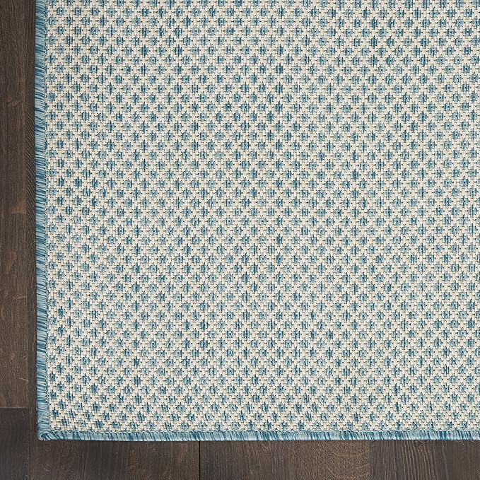 Nourison Courtyard Indoor/Outdoor Ivory Aqua 7' x 10' Area Rug, Geometric, Easy Cleaning, Non Shedding, Bed Room, Living Room, Dining Room, Deck, Patio, Backyard (7x10)